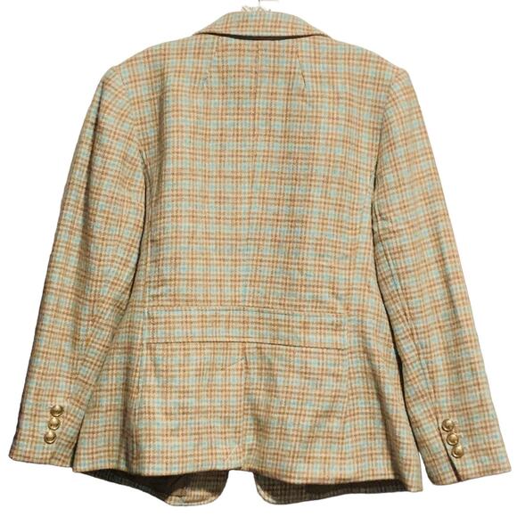 TALBOTS Petite 16P Wool Blend Checked Blazer Tan Teal 2 Metal Button Front - Picture 7 of 7